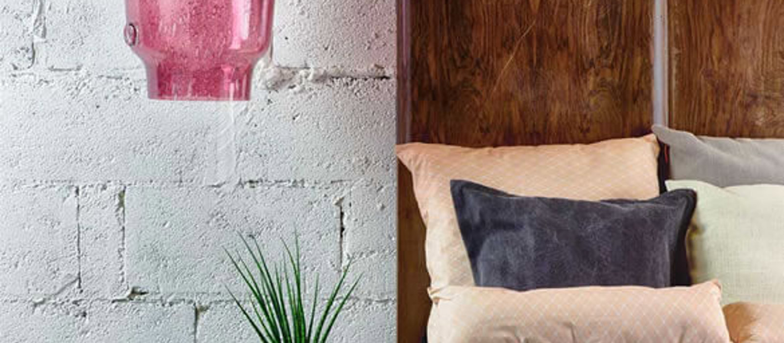Rustic bedroom decor with statement pink lamp shade