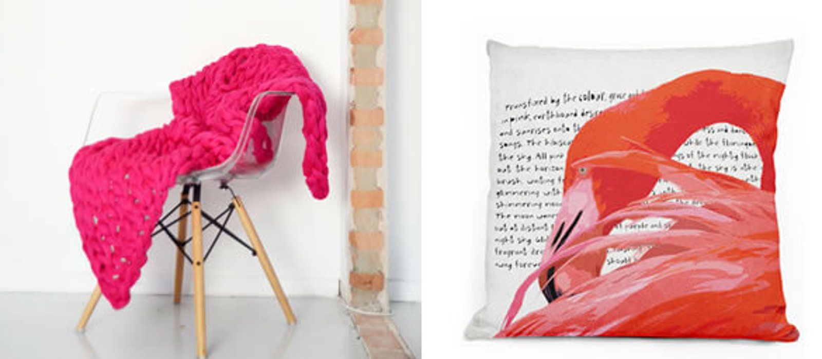 flamingo cushion and a pink blanket resting on a chair