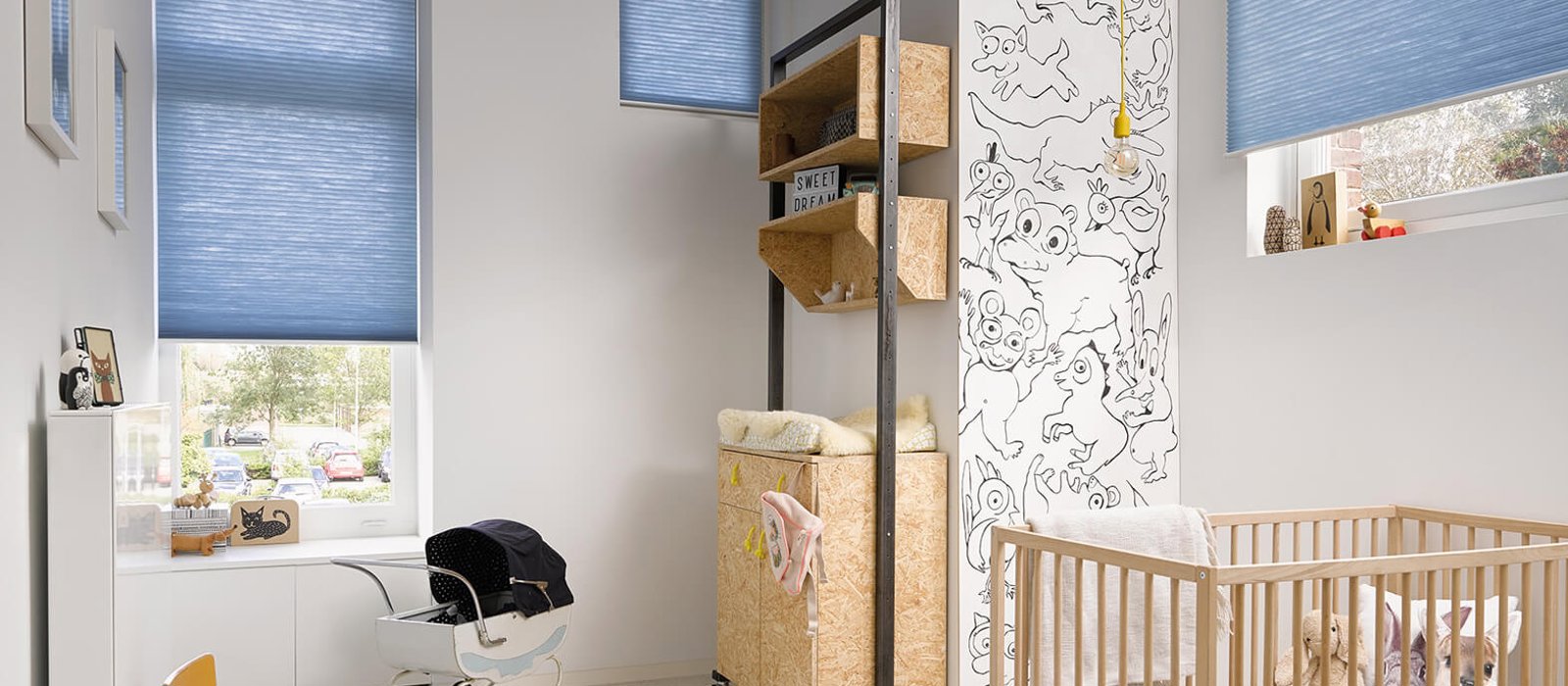 Close up of blue Duette blinds in a nursery